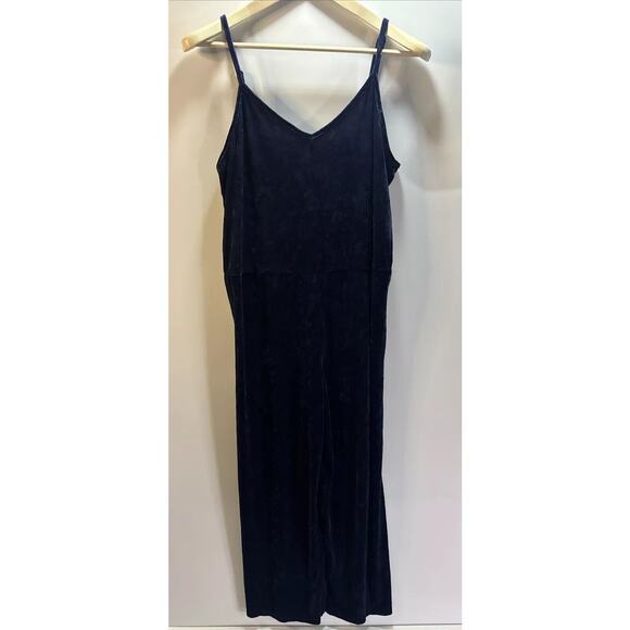 Aerie Dark Blue Velvet Burnout Holiday V-Neck Wide Leg Jumpsuit Womens Size L - Picture 3 of 11